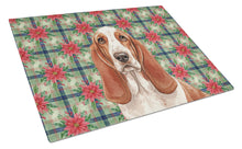 Load image into Gallery viewer, Red and White Basset Hound Christmas PoinsettIas Glass Cutting Board