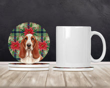 Load image into Gallery viewer, Red and White Basset Hound Christmas PoinsettIas Large Sandstone Coasters Pack of 4