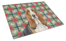 Load image into Gallery viewer, Tricolor and White Basset Hound Christmas PoinsettIas Glass Cutting Board