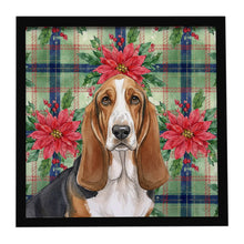Load image into Gallery viewer, Tricolor and White Basset Hound Christmas PoinsettIas Framed Metal Print