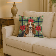 Load image into Gallery viewer, Tricolor and White Basset Hound Christmas PoinsettIas Throw Pillow