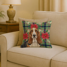 Load image into Gallery viewer, Tricolor and White Basset Hound Christmas PoinsettIas Throw Pillow