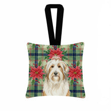 Load image into Gallery viewer, White and Tan Bearded Collie Christmas PoinsettIas Hanging Square Fabric Ornament 3.5 x 3.5