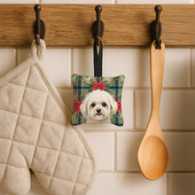 Load image into Gallery viewer, White and Cream Bichon Frise Christmas PoinsettIas Hanging Square Fabric Ornament 3.5 x 3.5