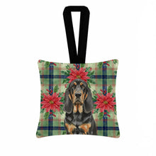 Load image into Gallery viewer, Black and Tan Bloodhound Christmas PoinsettIas Hanging Square Fabric Ornament 3.5 x 3.5