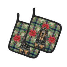 Load image into Gallery viewer, Black and Tan Bloodhound Christmas PoinsettIas Pair of Pot Holders