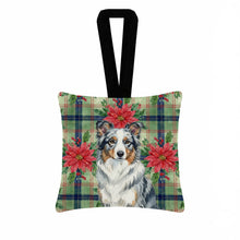 Load image into Gallery viewer, Blue Merle Border Collie Christmas PoinsettIas Hanging Square Fabric Ornament 3.5 x 3.5