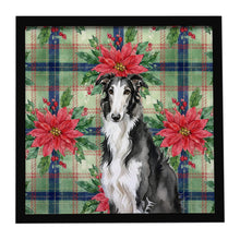 Load image into Gallery viewer, Black and White Borzoi Christmas PoinsettIas Framed Metal Print