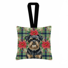 Load image into Gallery viewer, Black and Tan Brussels Griffon Christmas PoinsettIas Hanging Square Fabric Ornament 3.5 x 3.5
