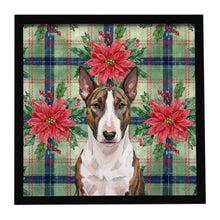 Load image into Gallery viewer, Brindle and White Bull Terrier Christmas PoinsettIas Framed Metal Print