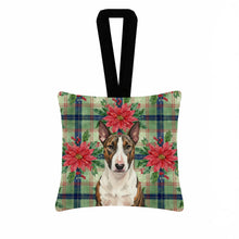 Load image into Gallery viewer, Brindle and White Bull Terrier Christmas PoinsettIas Hanging Square Fabric Ornament 3.5 x 3.5