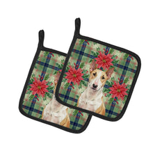 Load image into Gallery viewer, Fawn and White Bull Terrier Christmas PoinsettIas Pair of Pot Holders