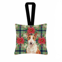 Load image into Gallery viewer, Red and White Bull Terrier Christmas PoinsettIas Hanging Square Fabric Ornament 3.5 x 3.5