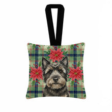 Load image into Gallery viewer, Black Cairn Terrier Christmas PoinsettIas Hanging Square Fabric Ornament 3.5 x 3.5
