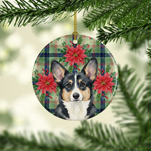 Load image into Gallery viewer, Black and White Cardigan Welsh Corgi Christmas PoinsettIas Ceramic Ornament