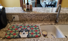 Load image into Gallery viewer, Black and White Cardigan Welsh Corgi Christmas PoinsettIas Dish Drying Mat