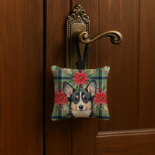 Load image into Gallery viewer, Black and White Cardigan Welsh Corgi Christmas PoinsettIas Hanging Square Fabric Ornament 3.5 x 3.5