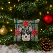 Load image into Gallery viewer, Black and White Cardigan Welsh Corgi Christmas PoinsettIas Hanging Square Fabric Ornament 3.5 x 3.5