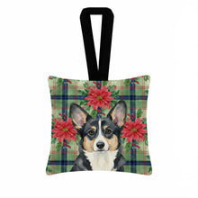 Load image into Gallery viewer, Black and White Cardigan Welsh Corgi Christmas PoinsettIas Hanging Square Fabric Ornament 3.5 x 3.5