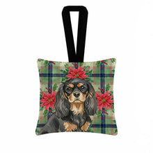 Load image into Gallery viewer, Black and Tan Cavalier Spaniel Christmas PoinsettIas Hanging Square Fabric Ornament 3.5 x 3.5