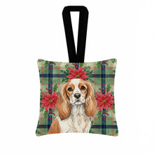 Load image into Gallery viewer, Blenheim Cavalier Spaniel Christmas PoinsettIas Hanging Square Fabric Ornament 3.5 x 3.5