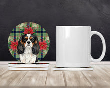 Load image into Gallery viewer, Tricolor Cavalier Spaniel Christmas PoinsettIas Large Sandstone Coasters Pack of 4