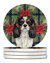 Load image into Gallery viewer, Tricolor Cavalier Spaniel Christmas PoinsettIas Large Sandstone Coasters Pack of 4