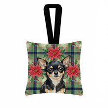 Load image into Gallery viewer, Black and Tan Chihuahua Christmas PoinsettIas Hanging Square Fabric Ornament 3.5 x 3.5