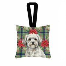 Load image into Gallery viewer, White with Gray Coton de Tulear Christmas PoinsettIas Hanging Square Fabric Ornament 3.5 x 3.5