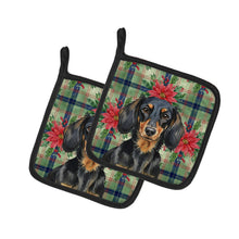 Load image into Gallery viewer, Longhaired Black and Tan Dachshund Christmas PoinsettIas Pair of Pot Holders