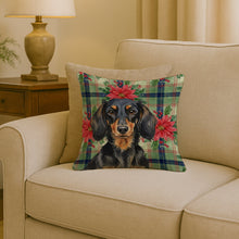 Load image into Gallery viewer, Longhaired Black and Tan Dachshund Christmas PoinsettIas Throw Pillow