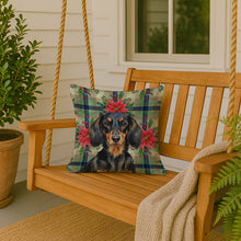 Load image into Gallery viewer, Longhaired Black and Tan Dachshund Christmas PoinsettIas Throw Pillow