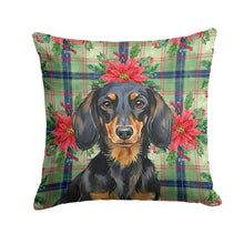 Load image into Gallery viewer, Longhaired Black and Tan Dachshund Christmas PoinsettIas Throw Pillow