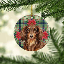 Load image into Gallery viewer, Longhaired Chocolate and Tan Dachshund Christmas PoinsettIas Ceramic Ornament