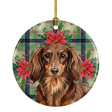Load image into Gallery viewer, Longhaired Chocolate and Tan Dachshund Christmas PoinsettIas Ceramic Ornament