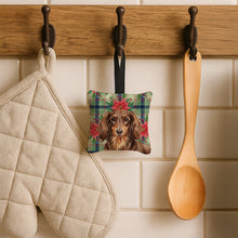 Load image into Gallery viewer, Longhaired Chocolate and Tan Dachshund Christmas PoinsettIas Hanging Square Fabric Ornament 3.5 x 3.5