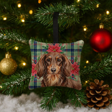 Load image into Gallery viewer, Longhaired Chocolate and Tan Dachshund Christmas PoinsettIas Hanging Square Fabric Ornament 3.5 x 3.5