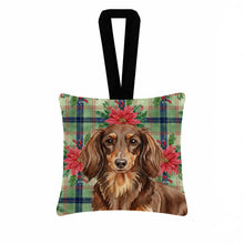 Load image into Gallery viewer, Longhaired Chocolate and Tan Dachshund Christmas PoinsettIas Hanging Square Fabric Ornament 3.5 x 3.5