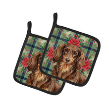 Load image into Gallery viewer, Longhaired Chocolate and Tan Dachshund Christmas PoinsettIas Pair of Pot Holders