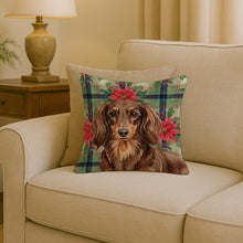 Load image into Gallery viewer, Longhaired Chocolate and Tan Dachshund Christmas PoinsettIas Throw Pillow