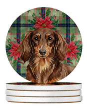 Load image into Gallery viewer, Longhaired Chocolate and Tan Dachshund Christmas PoinsettIas Large Sandstone Coasters Pack of 4