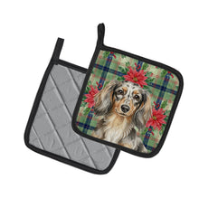 Load image into Gallery viewer, Longhaired Dapple Dachshund Christmas PoinsettIas Pair of Pot Holders