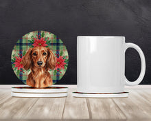 Load image into Gallery viewer, Longhaired Red Dachshund Christmas PoinsettIas Large Sandstone Coasters Pack of 4