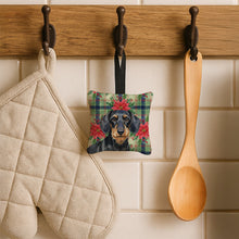 Load image into Gallery viewer, Wirehaired Black and Tan Dachshund Christmas PoinsettIas Hanging Square Fabric Ornament 3.5 x 3.5
