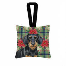 Load image into Gallery viewer, Wirehaired Black and Tan Dachshund Christmas PoinsettIas Hanging Square Fabric Ornament 3.5 x 3.5