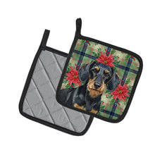 Load image into Gallery viewer, Wirehaired Black and Tan Dachshund Christmas PoinsettIas Pair of Pot Holders