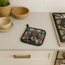 Load image into Gallery viewer, Wirehaired Black and Tan Dachshund Christmas PoinsettIas Pair of Pot Holders