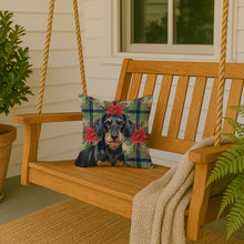 Load image into Gallery viewer, Wirehaired Black and Tan Dachshund Christmas PoinsettIas Throw Pillow