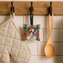Load image into Gallery viewer, Brindle and White English Bulldog Christmas PoinsettIas Hanging Square Fabric Ornament 3.5 x 3.5