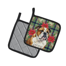 Load image into Gallery viewer, Brindle and White English Bulldog Christmas PoinsettIas Pair of Pot Holders
